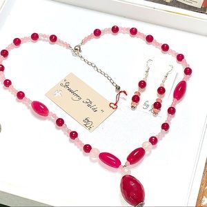 Handcrafted “Strawberry Fields” Rose Quartz Agate & 925 Necklace & Earring Set
